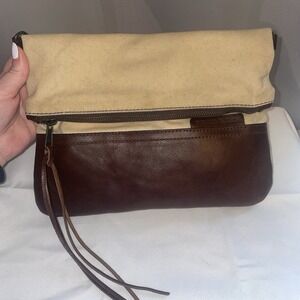 Buffalo Jackson Waxed Canvas & Leather Satchel Crossbody Bag Purse Cream Brown
